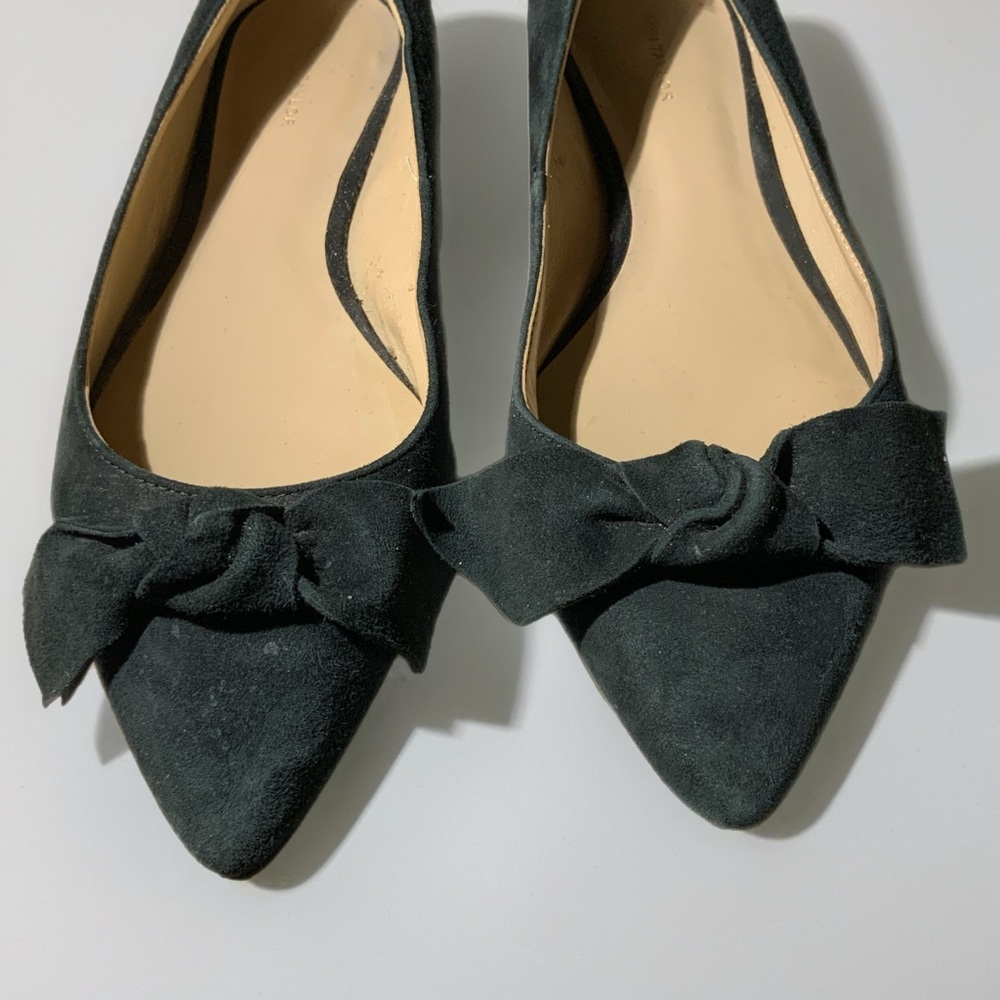 Ann Taylor black suede flats with attached bows - it looks blue/green here 🤷🏻‍♀️